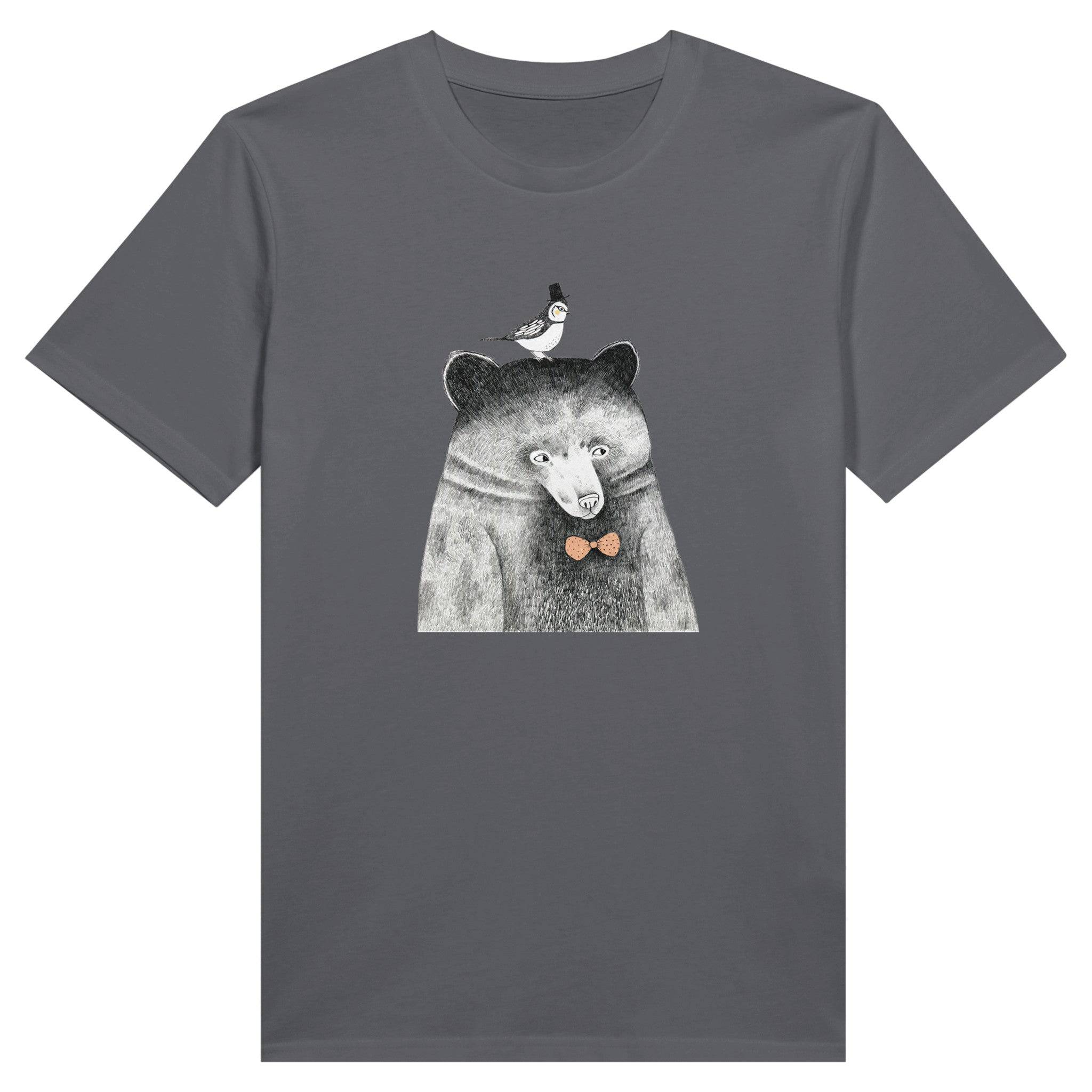 100% Organic Unisex T-shirt/Hand-Drawn-Bear-With-A-Bird-On-Her-Head