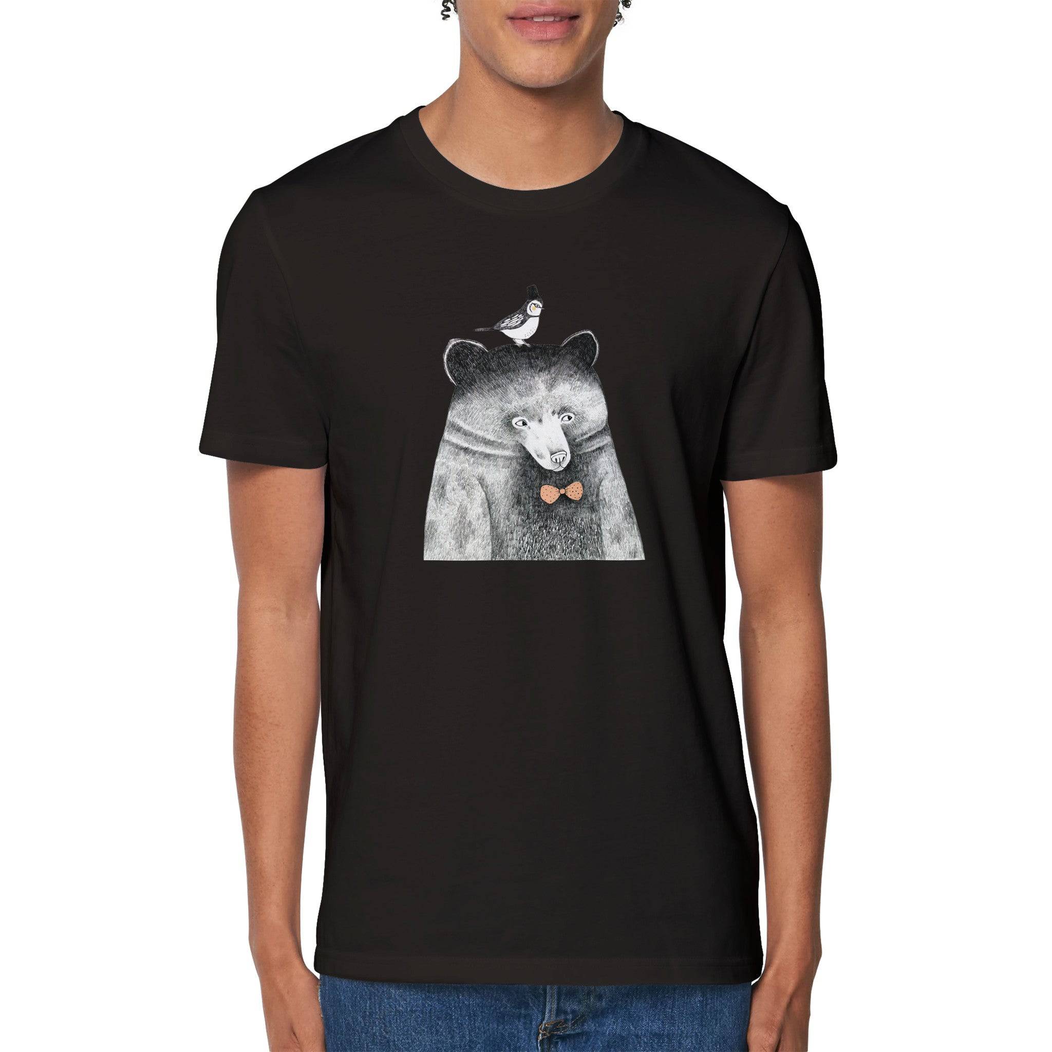 100% Organic Unisex T-shirt/Hand-Drawn-Bear-With-A-Bird-On-Her-Head