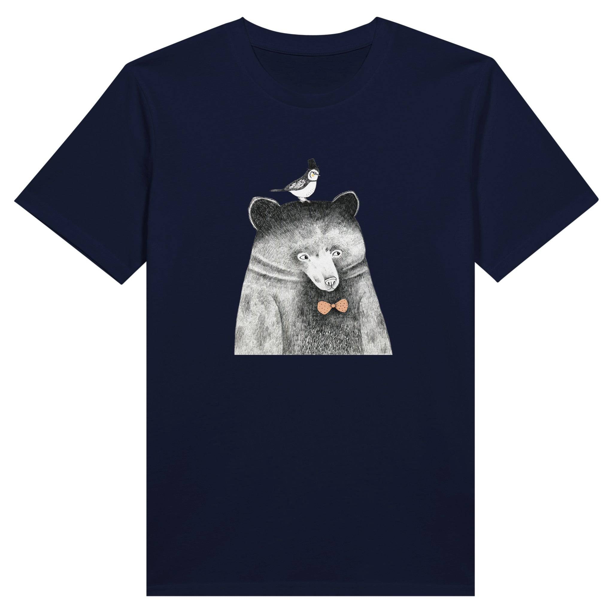 100% Organic Unisex T-shirt/Hand-Drawn-Bear-With-A-Bird-On-Her-Head