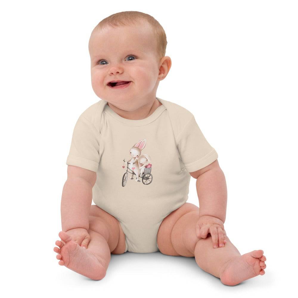 Organic cotton baby bodysuit/Bunnies Bicycle
