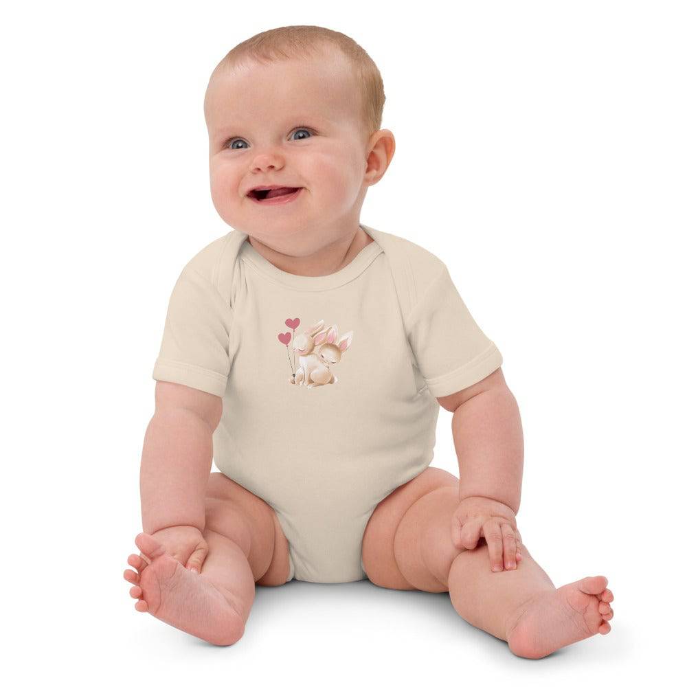Organic cotton baby bodysuit/Bunnies two Hearts