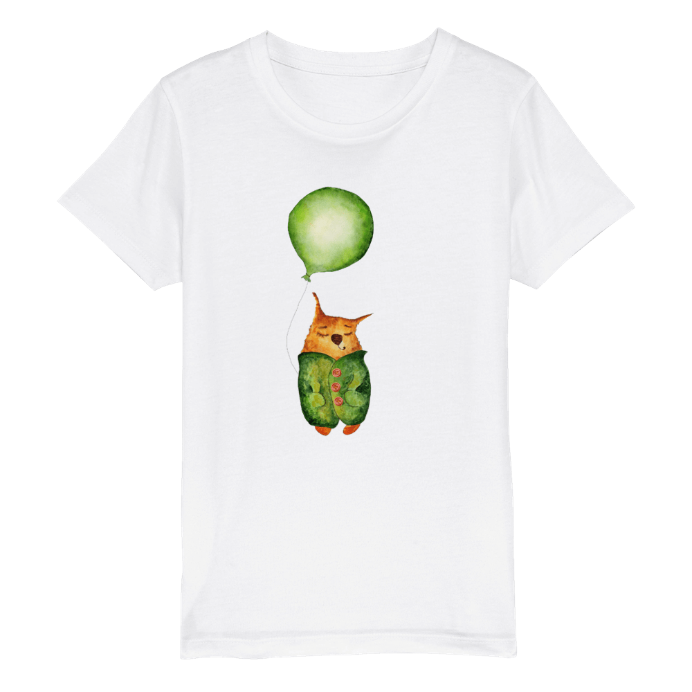 Organic Kids Crewneck T-shirt/Artistic-Animals-Cat-Balloon