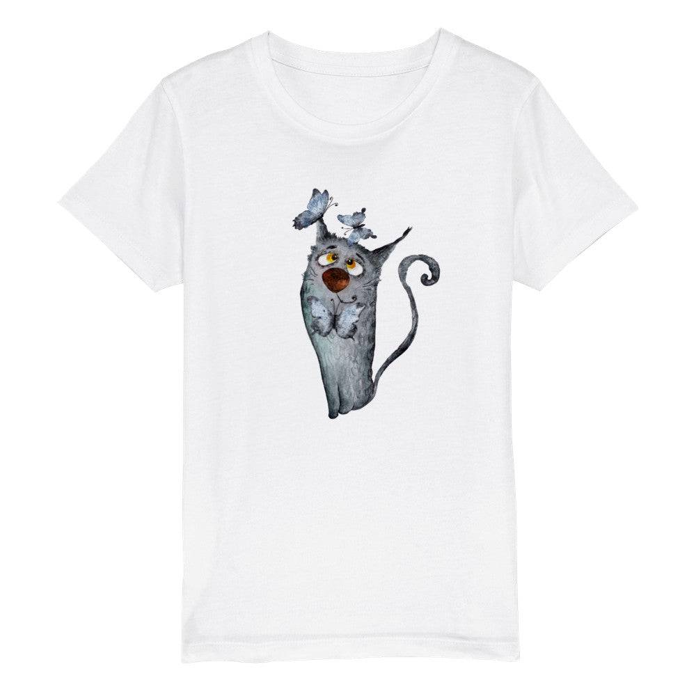Organic Kids Crewneck T-shirt/Artistic-Animals-Cat-Butterflies